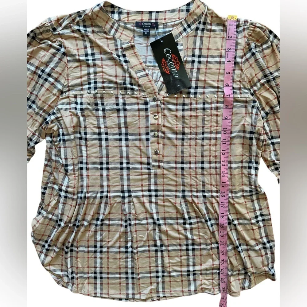 COCOMO 2X Beige Red Black Studded Plus Size 3/4 sleeve women’s Pintuck B… - Picture 7 of 10